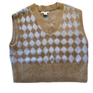 Sincerely Jules Women's Medium Cropped Argyle Sweater Vest Blue/Brown
